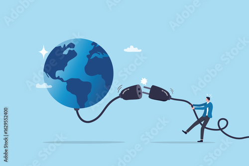 Disconnect from world network, internet or distraction, unplug or offline communication, isolate from social media, withdraw or torn apart concept, businessman unplug the world internet connection.