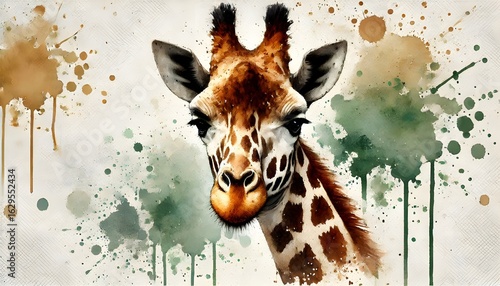 Watercolor-style illustration of a giraffe standing in lush tropical greenery, surrounded by palm trees and colorful paint splatters.