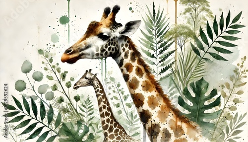 Watercolor-style illustration of a giraffe standing in lush tropical greenery, surrounded by palm trees and colorful paint splatters.