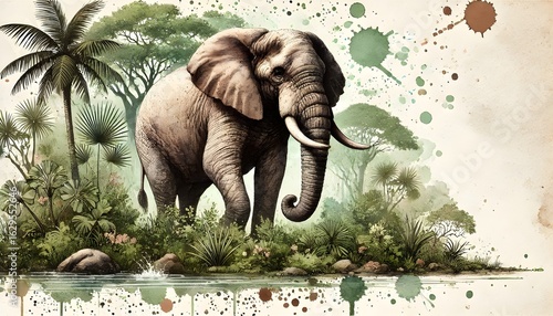 Watercolor-style illustration of an elephant standing in lush tropical greenery, surrounded by palm trees and colorful paint splatters.