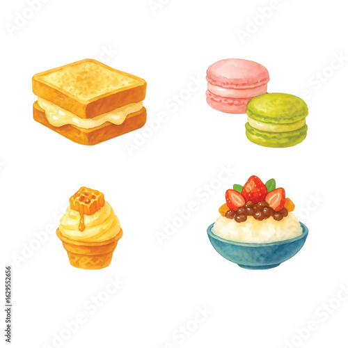 Korean Dessert Watercolor Bundle #1—Injeolmi Toast, Fat-Carons, Honeycomb Ice Cream, Bingsu. Watercolor Illustration. Design Element. Clip art. Suitable for artwork design.