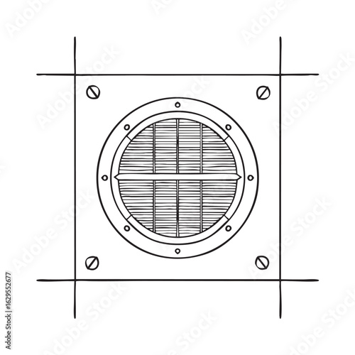 Doodle illustration of a round metal vent installed on a tiled surface
