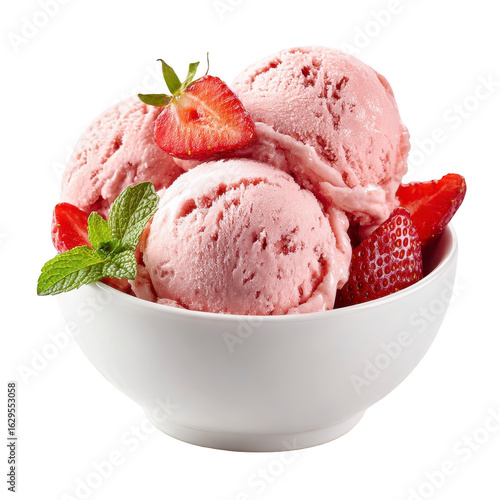 Pink ice cream scoops in a white bowl, topped with fresh strawberries and mint