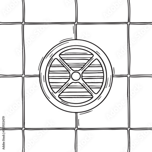 Doodle illustration of a circular air vent fixed to a wall of tiles