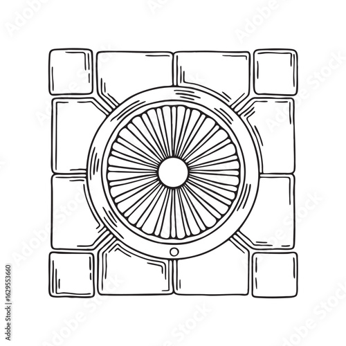 Doodle illustration of a silver wall vent set against white tiles