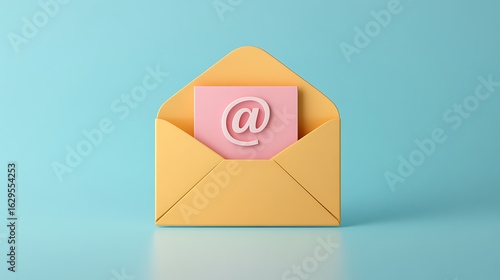 3D open envelope with paper and at symbol representing email digital communication or e-letter in cartoon minimal style