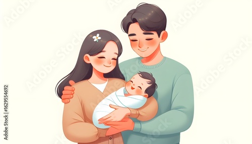 a young couple holding their newborn baby in their arms, smiling and joyfully embracing the moment in a hand-drawn illustrative style