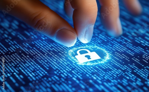 Finger Interacting with a Glowing Padlock Icon Amidst Blue Binary Code Data