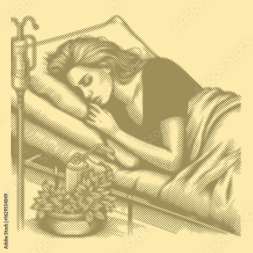 golden color Halftone Sick Woman on Bed