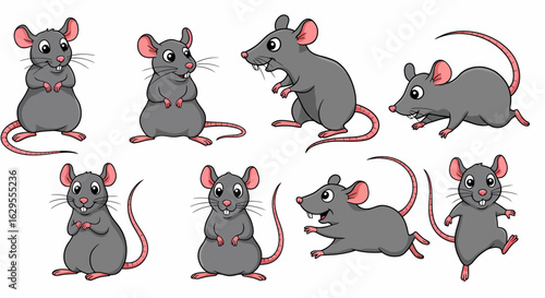 Adorable cartoon grey mice with pink ears long tails big eyes and prominent teeth in various playful poses.