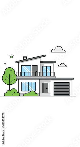 Modern two story house with garage and green landscaping on a sunny day with clouds overhead