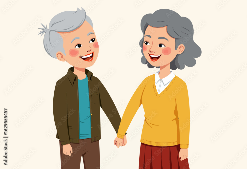 Obraz premium Elderly couple holding hands and smiling at each other in joy 