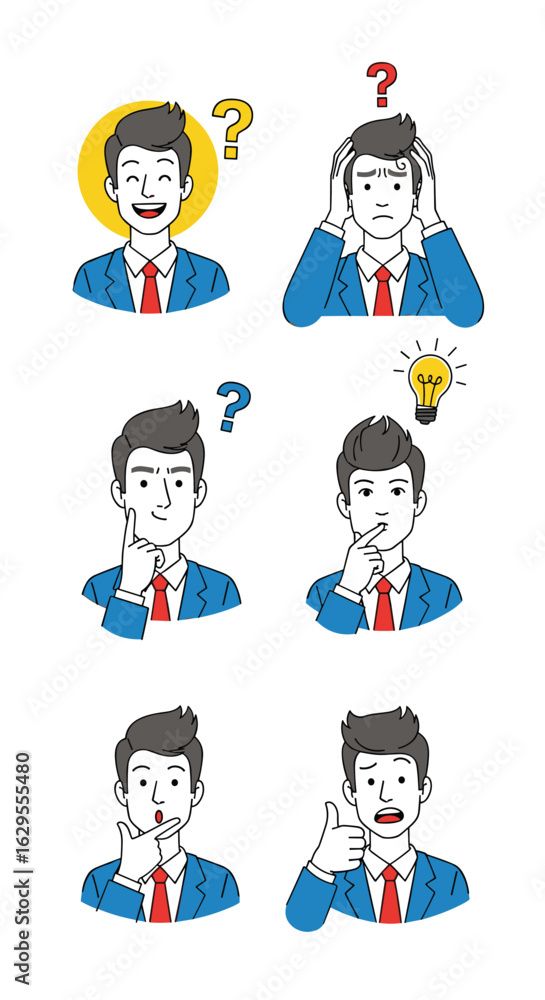 Collection of pensive businessman poses showcasing various thought processes and emotions Collection of pensive businessman poses showcasing various thought processes and emotions