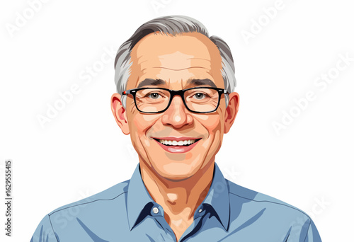 Smiling elderly man with glasses wearing a blue shirt in illustration  