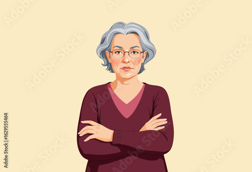 Senior woman with gray hair wearing glasses and crossing arms  