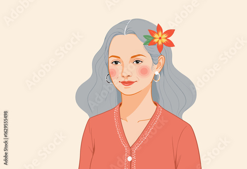 Young woman with gray hair and flower in studio portrait  