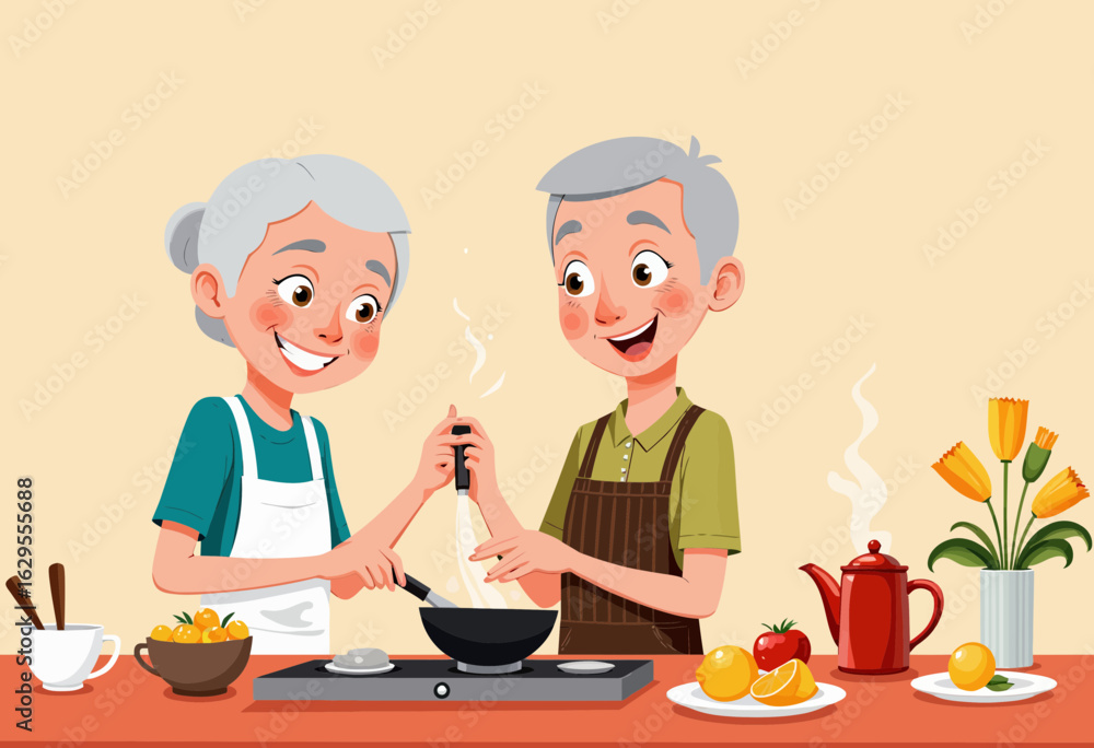 Elderly couple cooking together and smiling in cozy kitchen setting Elderly couple cooking together and smiling in cozy kitchen setting