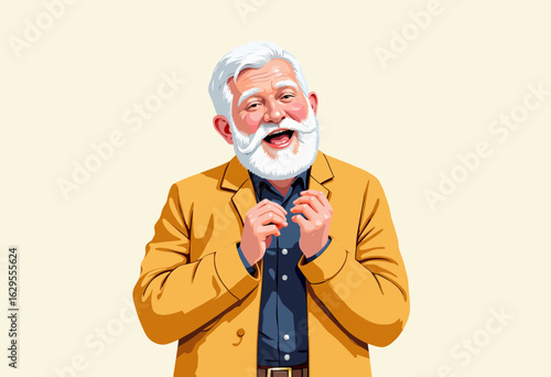 Elderly man smiling while adjusting his glasses in casual clothing  