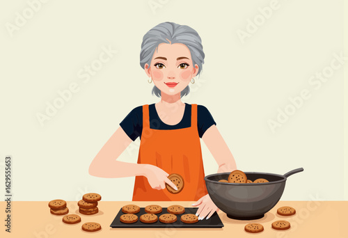Elderly woman baking cookies in kitchen with bowl and tray  