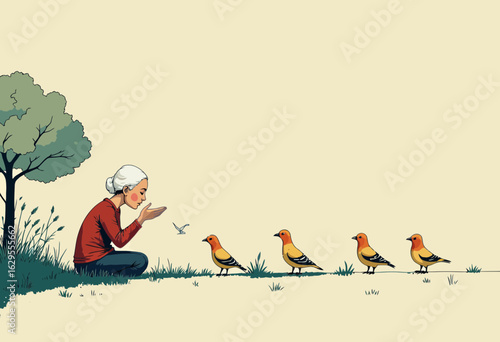 Elderly woman feeding birds while sitting on grass near a tree  