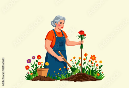 Elderly woman planting flowers in garden with bright colorful blooms  