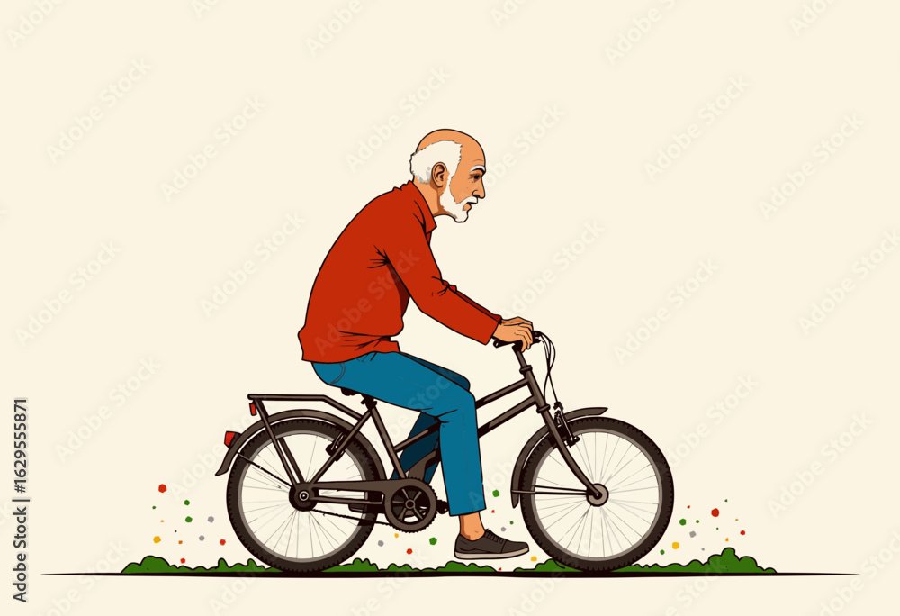 Naklejka premium Elderly man riding bicycle with a smile on a plain background 
