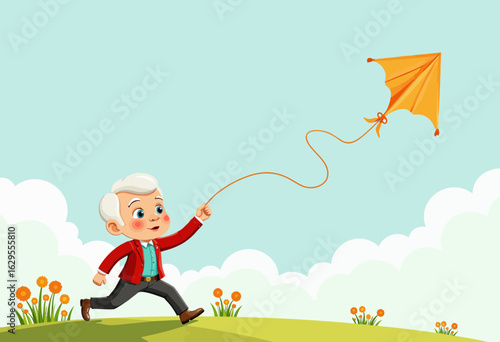 Elderly man enjoying a sunny day while flying an orange kite  