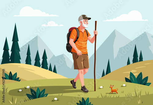 Elderly man hiking in mountains with backpack and walking stick  