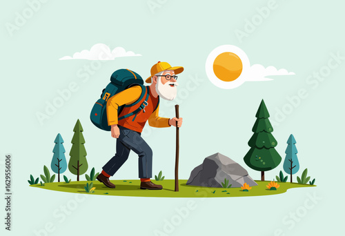Elderly man hiking with backpack in nature under a sunny sky  