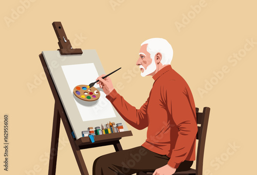 Elderly man painting on easel with palette and colors in studio  