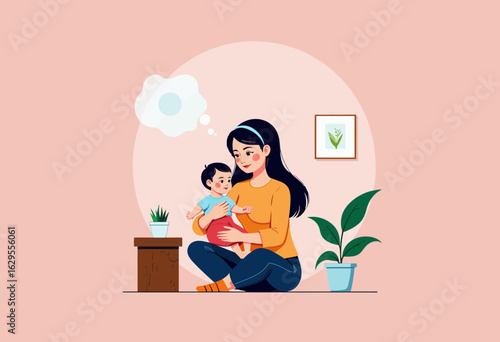 Mother playing with baby while sitting indoors among plants  