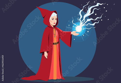 Enchanted woman wizard casting magic with glowing orb in dark setting  