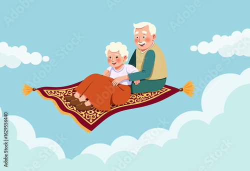 Elderly couple flying on magic carpet above the clouds with joy  