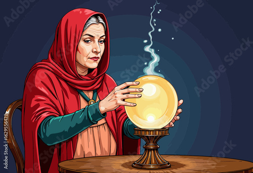 Elderly woman fortune teller gazing into crystal ball with smoke  