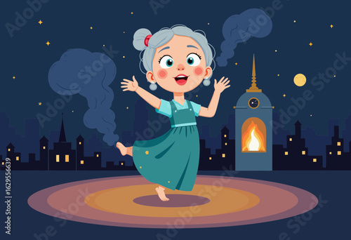 Joyful girl dancing in the night with city skyline background  