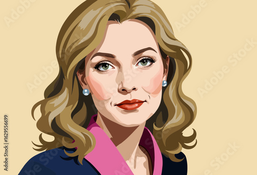 Professional woman with wavy blonde hair wearing earrings and a pink blouse  