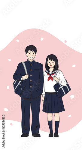 Two japanese students dressed in school uniforms stand together against a soft pink background