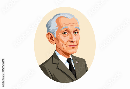 Elderly man in suit with grey hair and serious expression  