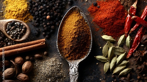 Garam masala in vintage spoon surrounded by scattered spices overhead food scene rich color and cultural flavor
