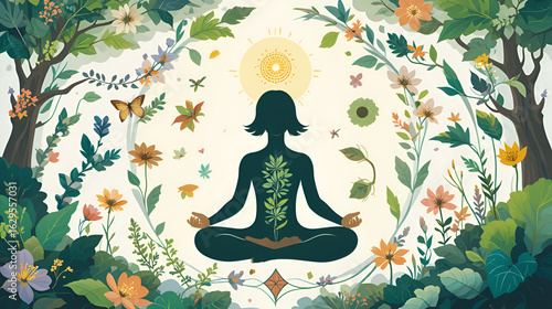 Illustration of a person surrounded by nature elements symbolizing holistic health and balance.