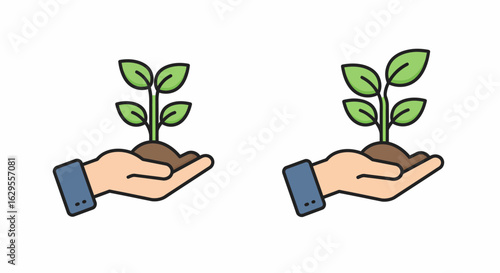 Cartoon Hand Holding Green Plant with Soil Growth and Nurturing Icon.