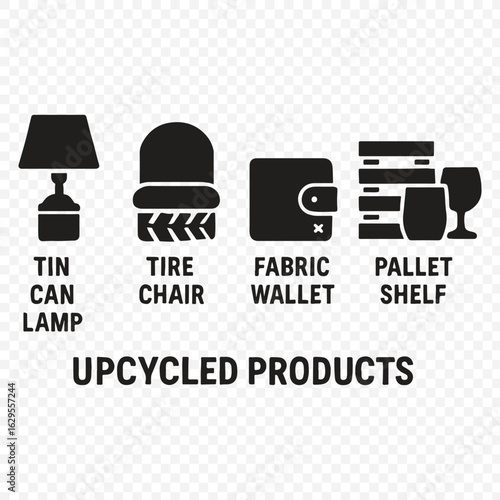"Upcycled Product Icons Set – Tin Can Lamp, Tire Chair, Fabric Wallet, and Pallet Shelf, upcycled products,  recycling icons, sustainable design, eco friendly icons, reuse materials and Transparent Bg