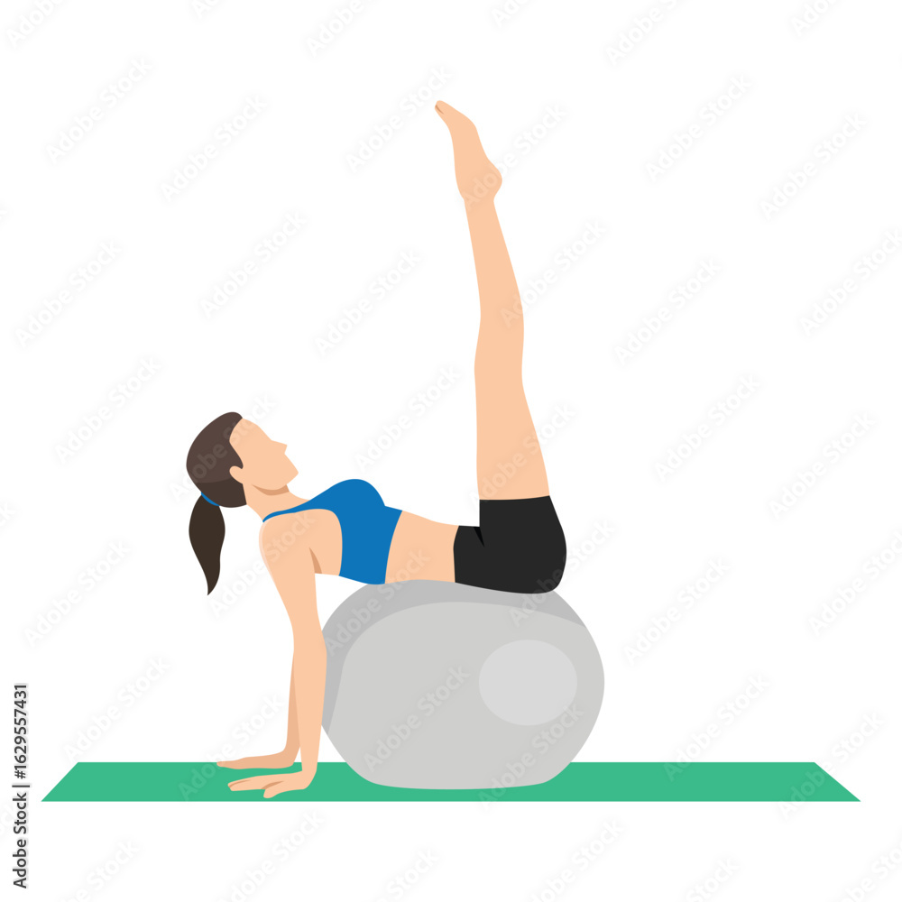 Fototapeta premium Woman performs a leg raise while balancing on a Swiss ball, engaging the core. Flat vector illustration isolated on white background