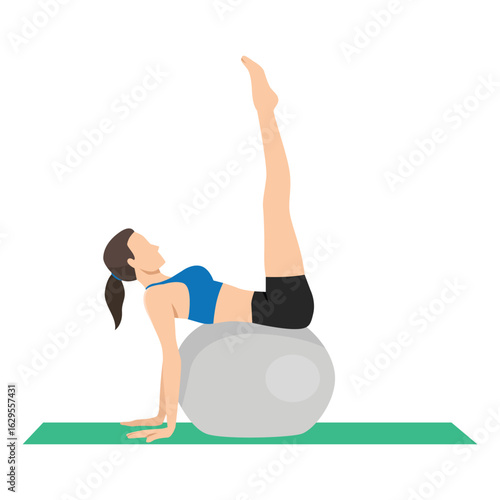 Woman performs a leg raise while balancing on a Swiss ball, engaging the core. Flat vector illustration isolated on white background