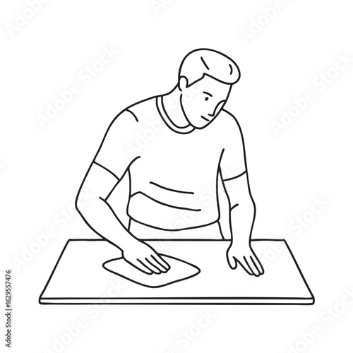 Doodle illustration of a hand smoothing veneer onto a tabletop