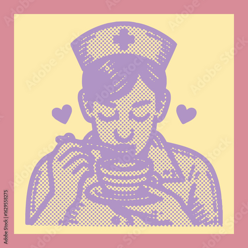 Nurse Drinking Coffee Vector Art — Purple Color Canvas Template with Dot Halftone Digital Decor Illustration