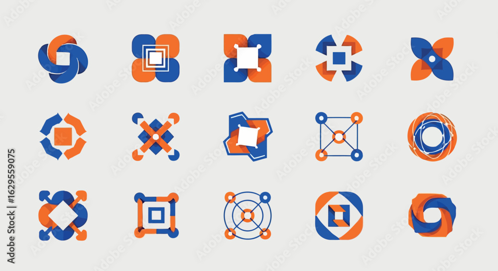 Fototapeta premium Vector art of set of abstract geometric logos and icons in blue and orange isolated on white background transparent background