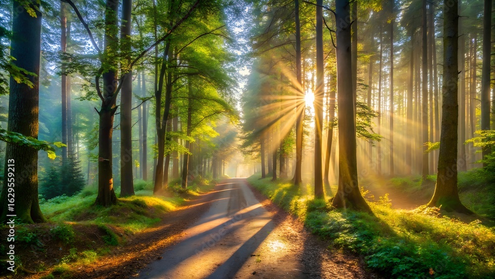 Fototapeta premium Sunlight filtering through forest trees