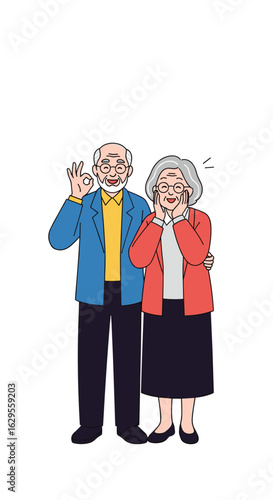 Elderly couple demonstrates positive emotions and well-being with joyful expressions and gestures
