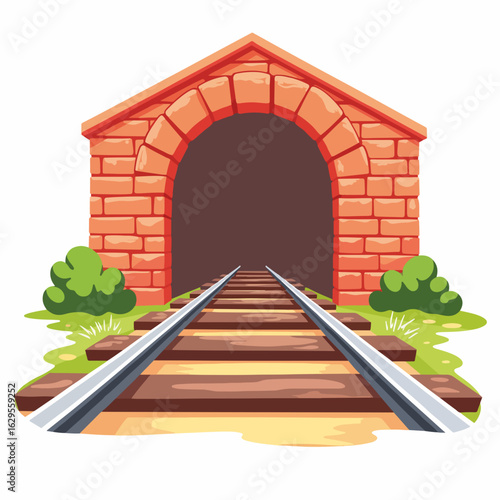 Rail tracks leading to stone tunnel with lush bushes on either side. The scene showcases an inviting entrance to the tunnel surrounded by green foliage, depicting a tranquil setting.